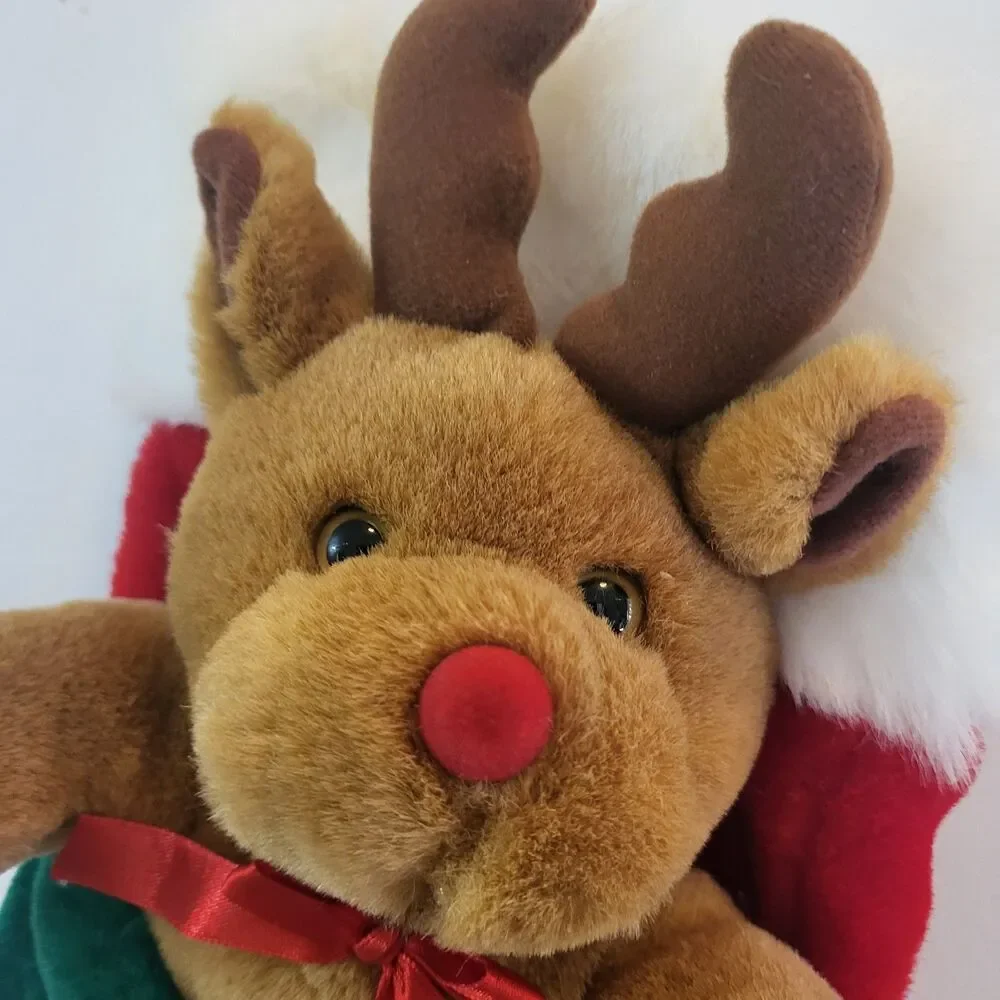 Christmas Stocking Reindeer Seasons Greetings Plush Vintage Red Green 17